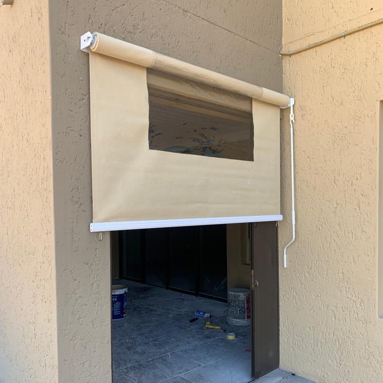 Canvas Outdoor Roller Blind with White Components and Transparent Winodw